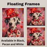 Victorian Romance: Dalmatian in a Pink Heart-Patterned Suit and Hat Elegant European-Inspired Painting on Ready to Hang 1.5" Thick Canvas Wrap, Floating Framed Canvas, Flat Rolled Canvas