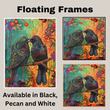 Two Black Birds on Branch Surrounded by Vibrant Foliage and Berries in a Colorful Nature-Inspired Painting with Rich Greens Reds and a Warm Artistic Style on Ready to Hang 1.5" Thick Canvas Wrap, Floating Framed Canvas, Flat Rolled Canvas
