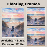 Watercolor Painting of Dog Sitting on Sandy Path Watching Ocean Sunset with Grasses and Colorful Sky Reflections on Ready to Hang 1.5" Thick Canvas Wrap, Floating Framed Canvas, Flat Rolled Canvas