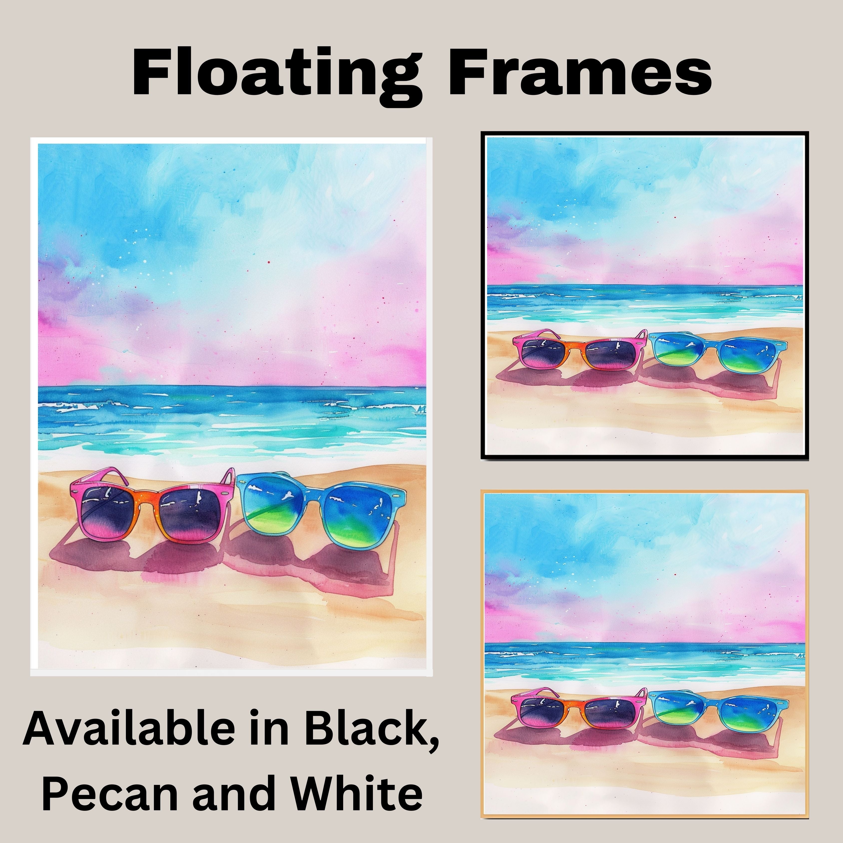 Colorful Sunglasses on Sandy Beach with Vibrant Ocean Waves and Pink Blue Sky in Watercolor Summer Coastal Illustration on Ready to Hang 1.5" Thick Canvas Wrap, Floating Framed Canvas, Flat Rolled Canvas