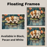 Two Adorable Puppies Lying on Lily Pads in a Pond Surrounded by Colorful Flowers, Impressionist Style Painting Full of Charm, Nature, and Tranquility on Ready to Hang 1.5" Thick Canvas Wrap, Floating Framed Canvas, Flat Rolled Canvas