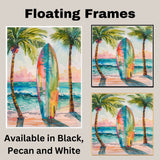Watercolor Painting of Multicolored Surfboard Between Palm Trees on a Sunny Beach on Ready to Hang 1.5" Thick Canvas Wrap, Floating Framed Canvas, Flat Rolled Canvas