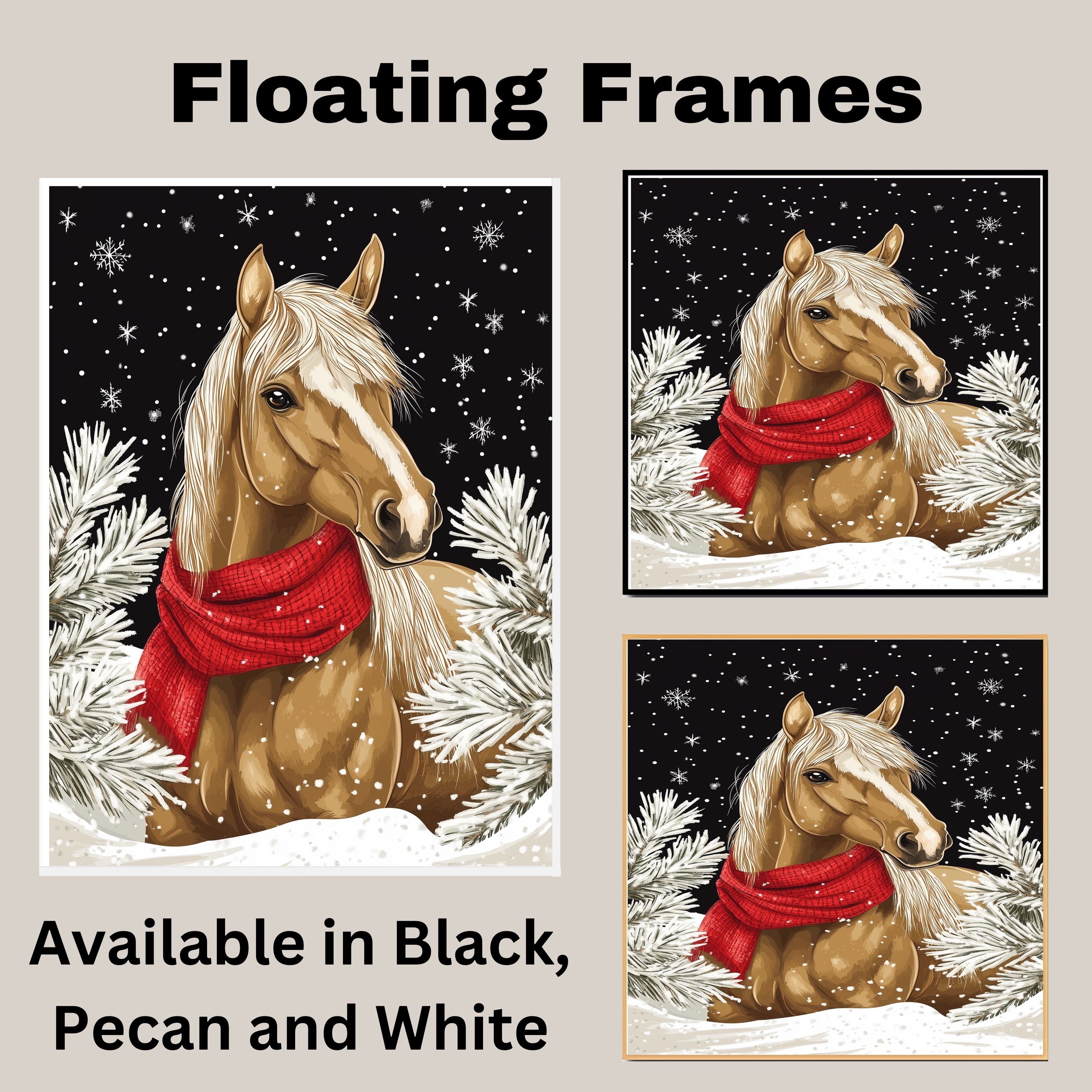 "Winter Whisper Horse" - Horse in Red Scarf in Serene Snowy Landscape on Ready to Hang 1.5" Thick Canvas Wrap, Floating Framed Canvas, Flat Rolled Canvas