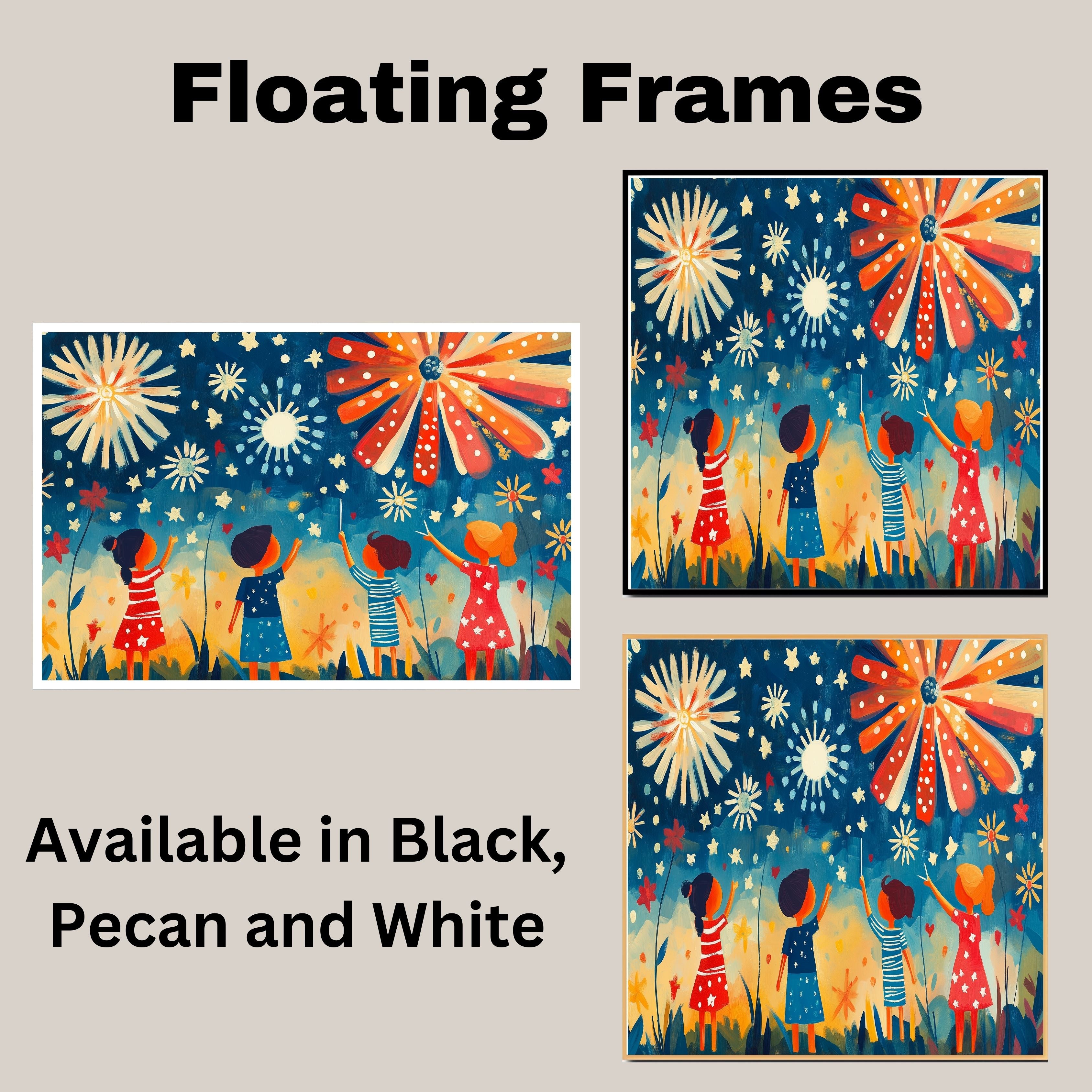 Whimsical Folk Art of Children Watching Fireworks on 4th of July Night, Playful Patriotic Scene with Stars, Bursts of Color, and Red, White, and Blue Outfits on Ready to Hang 1.5" Thick Canvas Wrap, Floating Framed Canvas, Flat Rolled Canvas