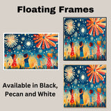 Whimsical Folk Art of Children Watching Fireworks on 4th of July Night, Playful Patriotic Scene with Stars, Bursts of Color, and Red, White, and Blue Outfits on Ready to Hang 1.5" Thick Canvas Wrap, Floating Framed Canvas, Flat Rolled Canvas
