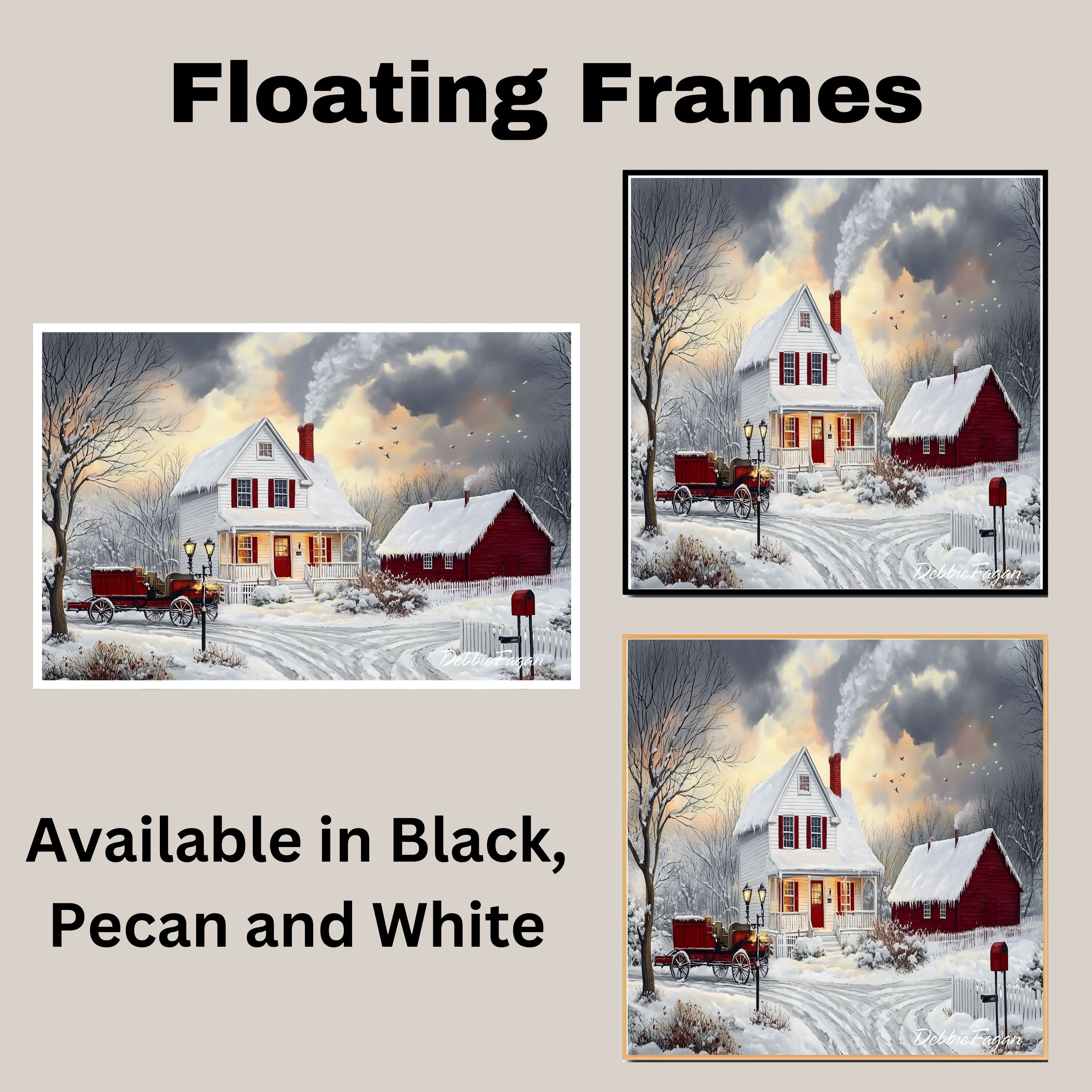 Winter Farmhouse – Cozy Snow-Covered Country Home with Red Barn and Sleigh Wall Art Print on Ready to Hang 1.5" Thick Canvas Wrap, Floating Framed Canvas, Flat Rolled Canvas