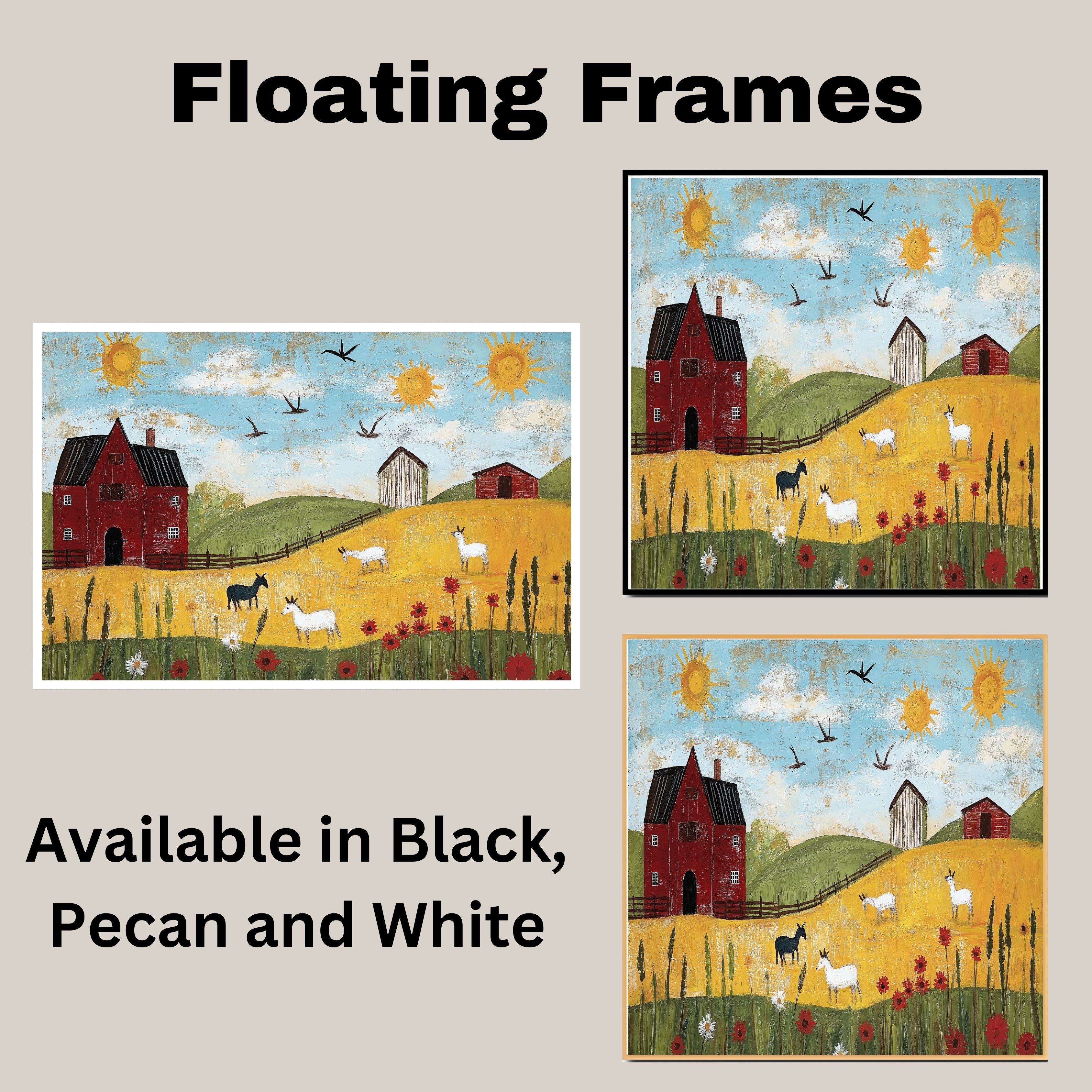 Farm Folk Art Print Featuring Red Barn Goats Sunny Hillside and Wildflowers Hand Painted Country Landscape Illustration for Rustic Wall Decor or Gift Idea on Ready to Hang 1.5" Thick Canvas Wrap, Floating Framed Canvas, Flat Rolled Canvas