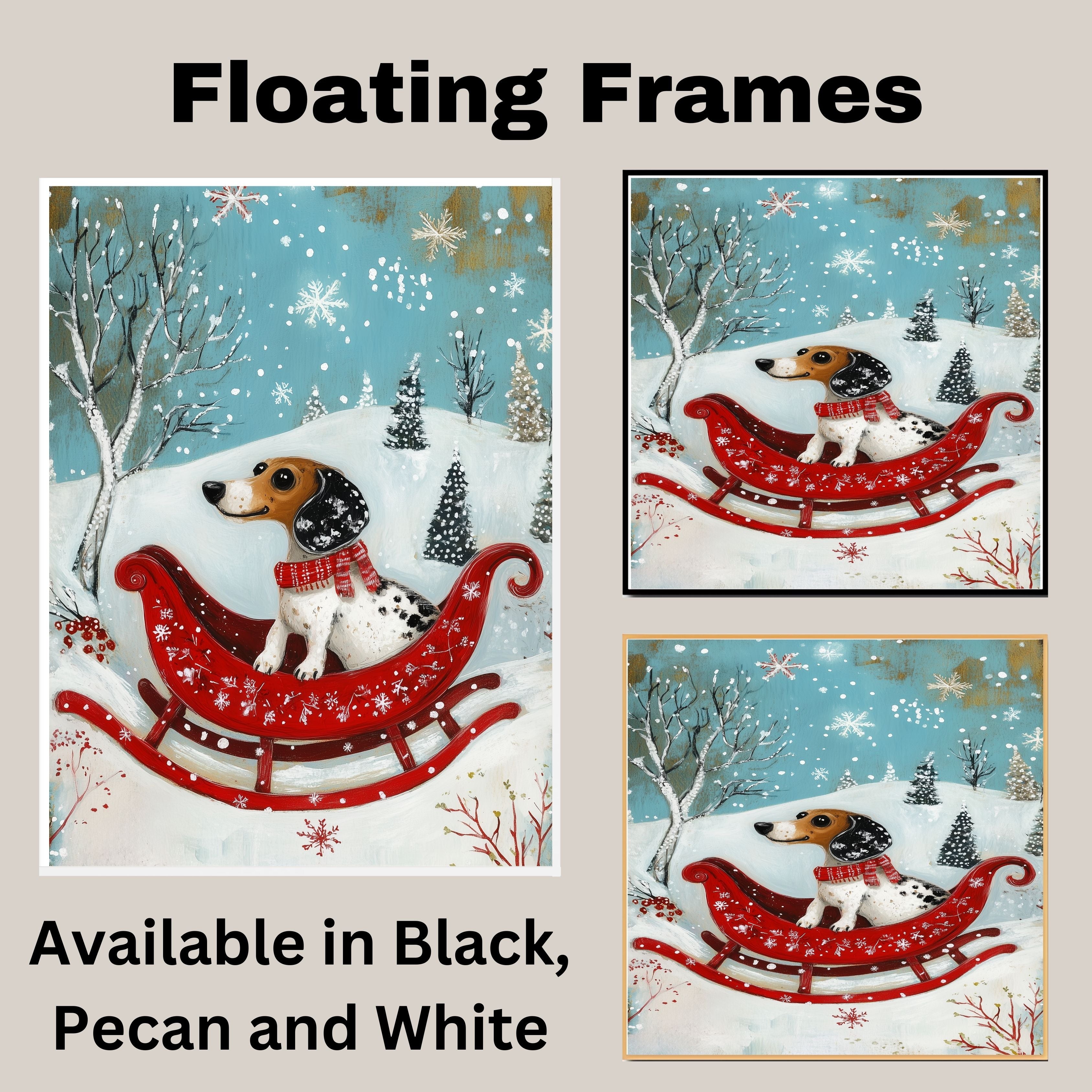 Dachshund in Red Sleigh Winter Forest Scene Whimsical Christmas Dog Wall Art, Holiday Pet Illustration, Cozy Festive Decor or Gift for Dog Lovers on Ready to Hang 1.5" Thick Canvas Wrap, Floating Framed Canvas, Flat Rolled Canvas