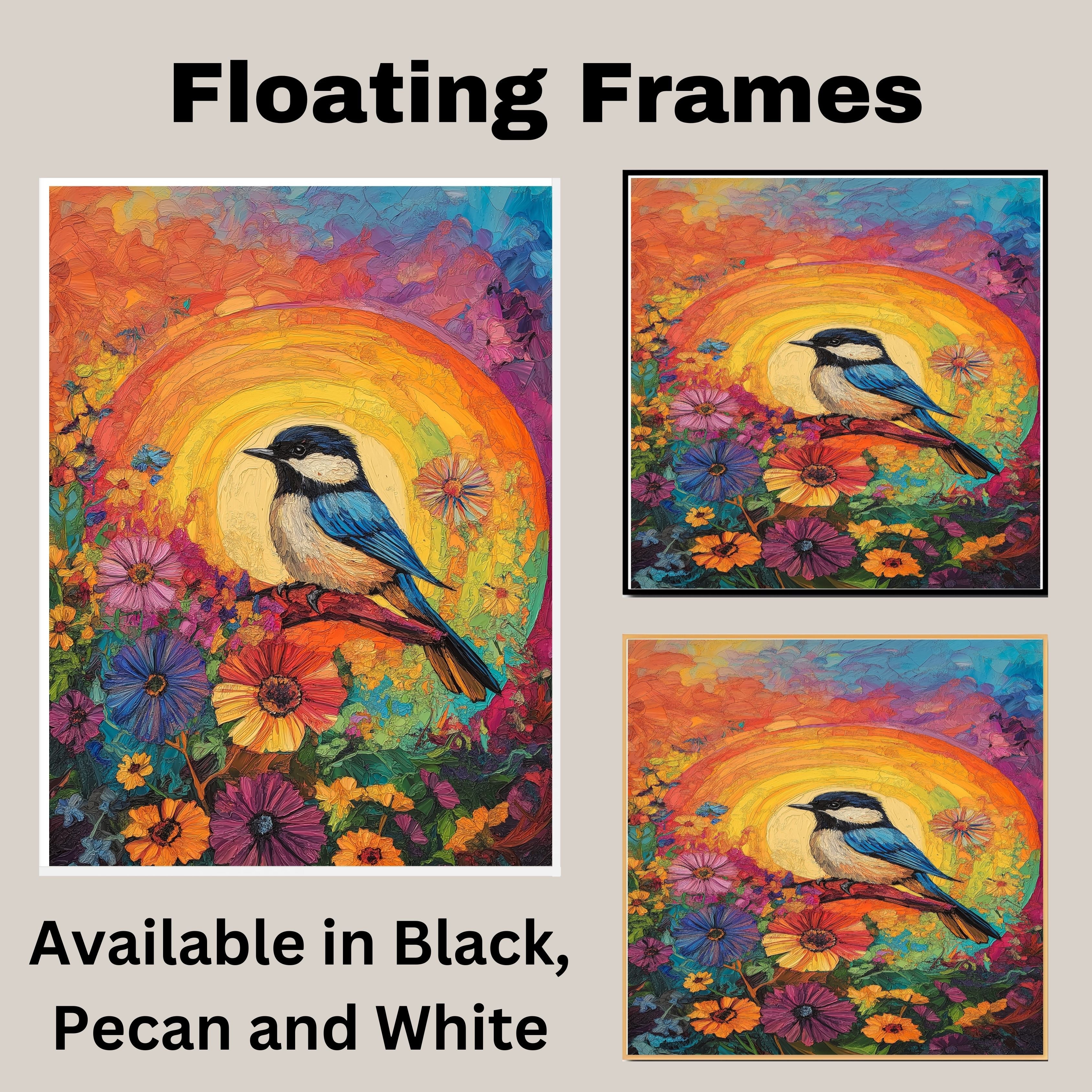 Chickadee Among Bright Wildflowers with Radiant Rainbow Sunburst Background on Ready to Hang 1.5" Thick Canvas Wrap, Floating Framed Canvas, Flat Rolled Canvas