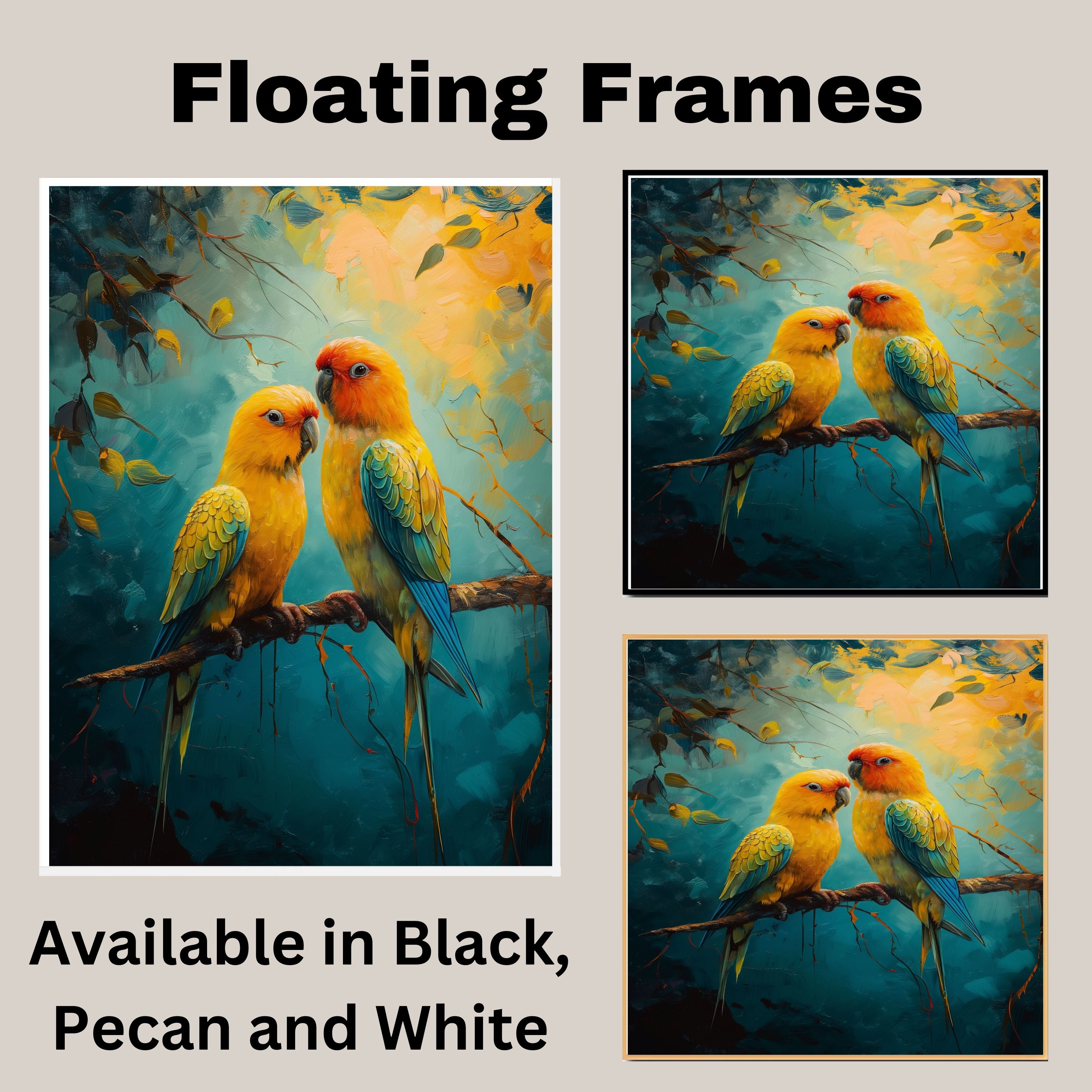 Golden Yellow Lovebirds on a Branch with Bold Jungle Background in Artistic Detail on Ready to Hang 1.5" Thick Canvas Wrap, Floating Framed Canvas, Flat Rolled Canvas