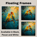 Golden Yellow Lovebirds on a Branch with Bold Jungle Background in Artistic Detail on Ready to Hang 1.5" Thick Canvas Wrap, Floating Framed Canvas, Flat Rolled Canvas