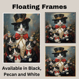 Regal Yuletide Charm: Tuxedo Cat Mom and Kittens in Elegant Holiday Attire on Ready to Hang 1.5" Thick Canvas Wrap, Floating Framed Canvas, Flat Rolled Canvas