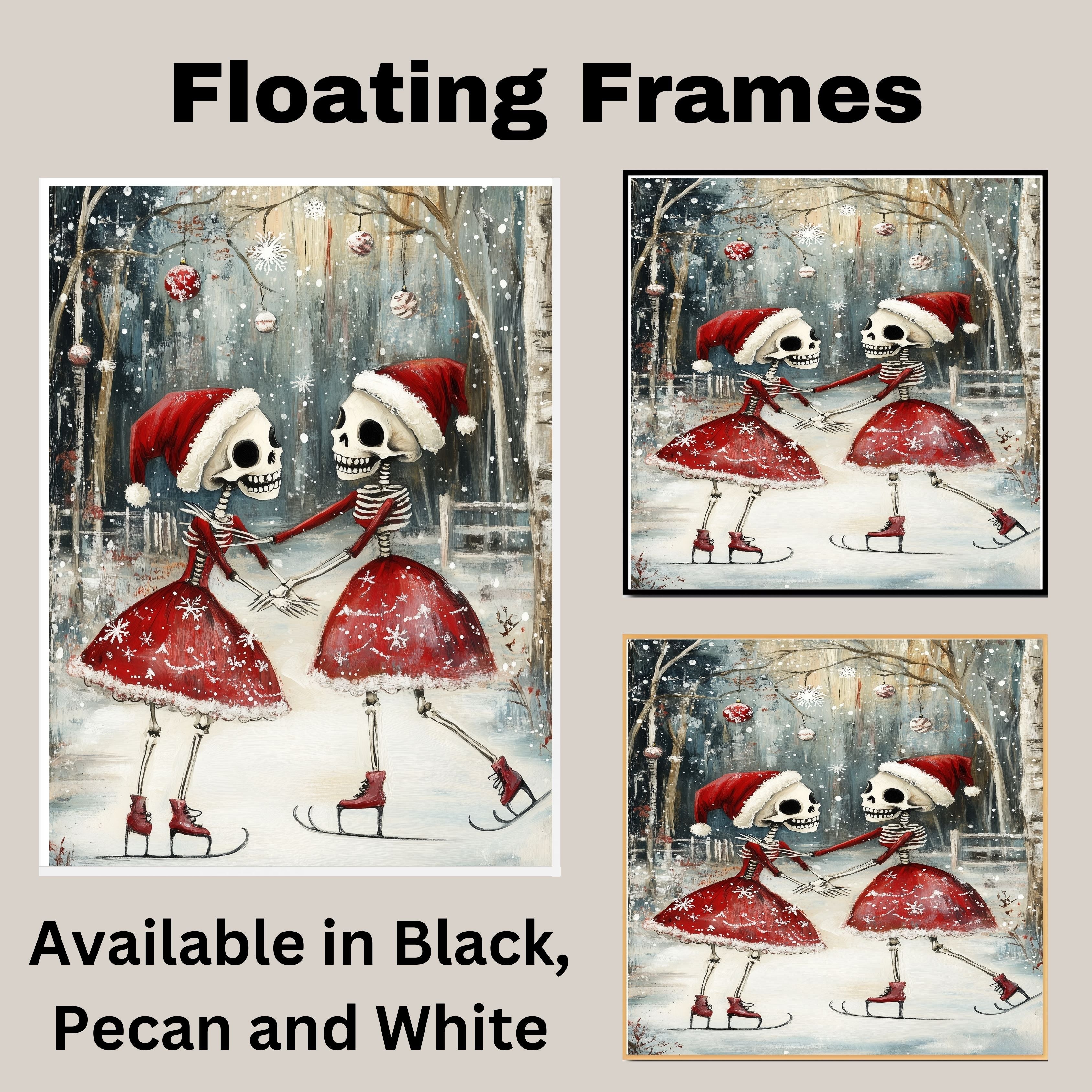 Whimsical Skeleton Ice Skating Christmas Print – Gothic Holiday Art with Dancing Skeletons in Santa Hats, Spooky Winter Scene, Quirky Festive Wall Decor on Ready to Hang 1.5" Thick Canvas Wrap, Floating Framed Canvas, Flat Rolled Canvas
