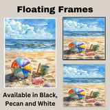 Watercolor Beach Scene with Colorful Ball Green Bucket Shells and Wooden Shovel on Sandy Shore with Waves and Sky on Ready to Hang 1.5" Thick Canvas Wrap, Floating Framed Canvas, Flat Rolled Canvas