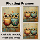 Vibrant Painting of Two Cute Owls with Big Eyes and Floral Patterns Sitting on a Branch in a Whimsical Textured Style on Ready to Hang 1.5" Thick Canvas Wrap, Floating Framed Canvas, Flat Rolled Canvas