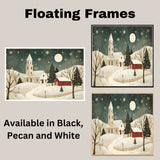 Christmas Folk Art Scene with Snowy Church, Red Barn, Lit Trees, and Falling Snowflakes Under a Glowing Winter Moon on Ready to Hang 1.5" Thick Canvas Wrap, Floating Framed Canvas, Flat Rolled Canvas