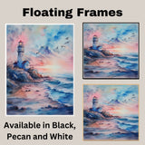Scenic Lighthouse on Rocky Shore with Birds Flying Over Sunset Sky in Serene Watercolor Ocean Landscape Illustration on Ready to Hang 1.5" Thick Canvas Wrap, Floating Framed Canvas, Flat Rolled Canvas