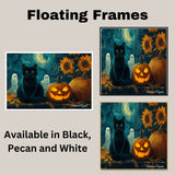 Halloween Night Art with Black Cat, Glowing Jack-o’-Lantern, Sunflowers, Pumpkins, and a Starry Van Gogh Sky on Ready to Hang 1.5" Thick Canvas Wrap, Floating Framed Canvas, Flat Rolled Canvas