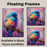 Vivid Blue Pink and Yellow Bird Painting Sitting on Branch in Expressive Color Brushstrokes for Bright Whimsical Spaces and Nature Inspired Art Lovers on Ready to Hang 1.5" Thick Canvas Wrap, Floating Framed Canvas, Flat Rolled Canvas