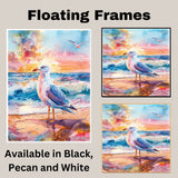 Seagull by Ocean Shore in Vivid Sunset Watercolor Scene with Crashing Waves and Colorful Sky Background on Ready to Hang 1.5" Thick Canvas Wrap, Floating Framed Canvas, Flat Rolled Canvas
