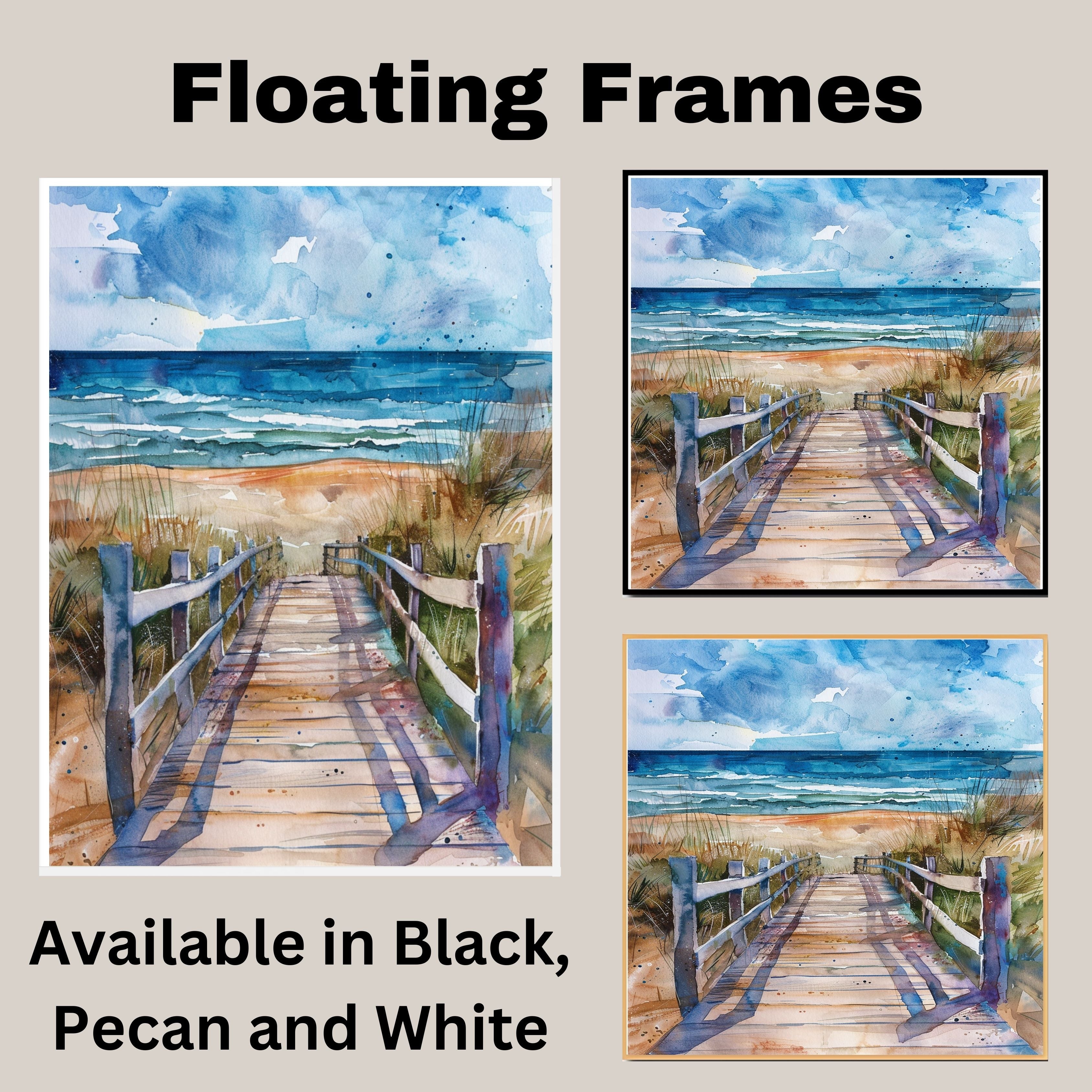 Dramatic Coastal Boardwalk Watercolor Painting – Path to the Ocean with Windswept Dunes and Stormy Sky on Ready to Hang 1.5" Thick Canvas Wrap, Floating Framed Canvas, Flat Rolled Canvas