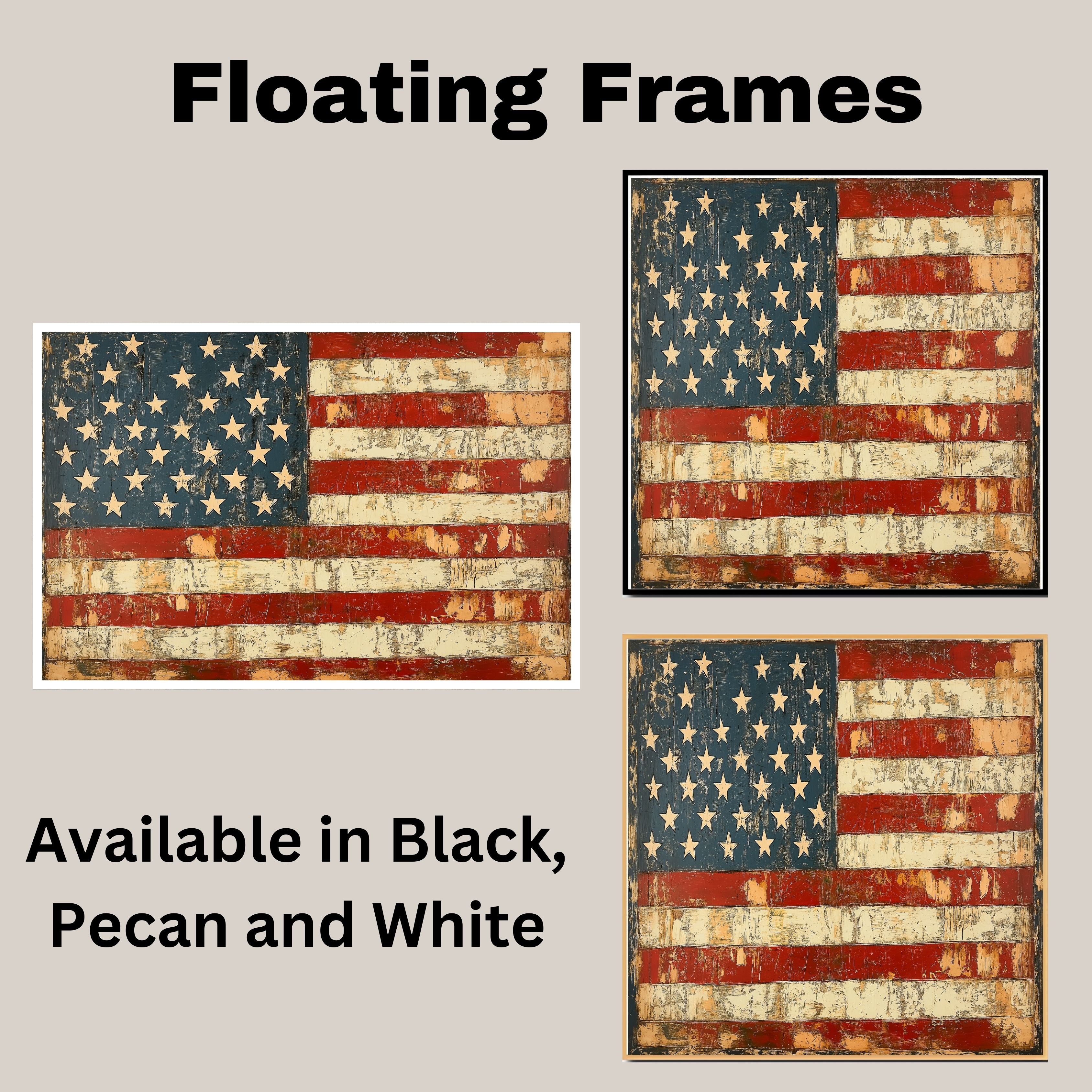 Rustic American Flag in Vintage Folk Art Style with Distressed Texture, Aged Red White and Blue Stripes, and Weathered Stars for Timeless Patriotic Charm on Ready to Hang 1.5" Thick Canvas Wrap, Floating Framed Canvas, Flat Rolled Canvas