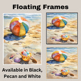 Watercolor Painting of a Colorful Beach Ball with Bucket Shells and Shovel on Sandy Shore Beside Ocean Waves on Ready to Hang 1.5" Thick Canvas Wrap, Floating Framed Canvas, Flat Rolled Canvas
