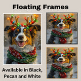 Australian Shepherd Christmas Charm - 'Merry Antlers' - Australian Shepherd Dog with Glowing Antlers & Holiday Scarf on Ready to Hang 1.5" Thick Canvas Wrap, Floating Framed Canvas, Flat Rolled Canvas