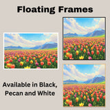 Painting of a Colorful Tulip Field in Full Bloom with Vibrant Red Yellow and Pink Flowers Under a Bright Blue Sky and Majestic Mountain Landscape in the Distance on Ready to Hang 1.5" Thick Canvas Wrap, Floating Framed Canvas, Flat Rolled Canvas