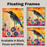 Vibrant Painting of a Whimsical Bird with Colorful Dot Patterns Standing Among Fantasy Flowers on a Bright Abstract Background for Bold Artistic Spaces on Ready to Hang 1.5" Thick Canvas Wrap, Floating Framed Canvas, Flat Rolled Canvas