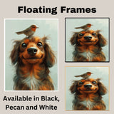 Cute Long-Haired Dachshund with Red-Breasted Bird on Head Whimsical Animal Illustration for Kids Room or Nursery Art Print for Dog and Bird Lovers on Ready to Hang 1.5" Thick Canvas Wrap, Floating Framed Canvas, Flat Rolled Canvas