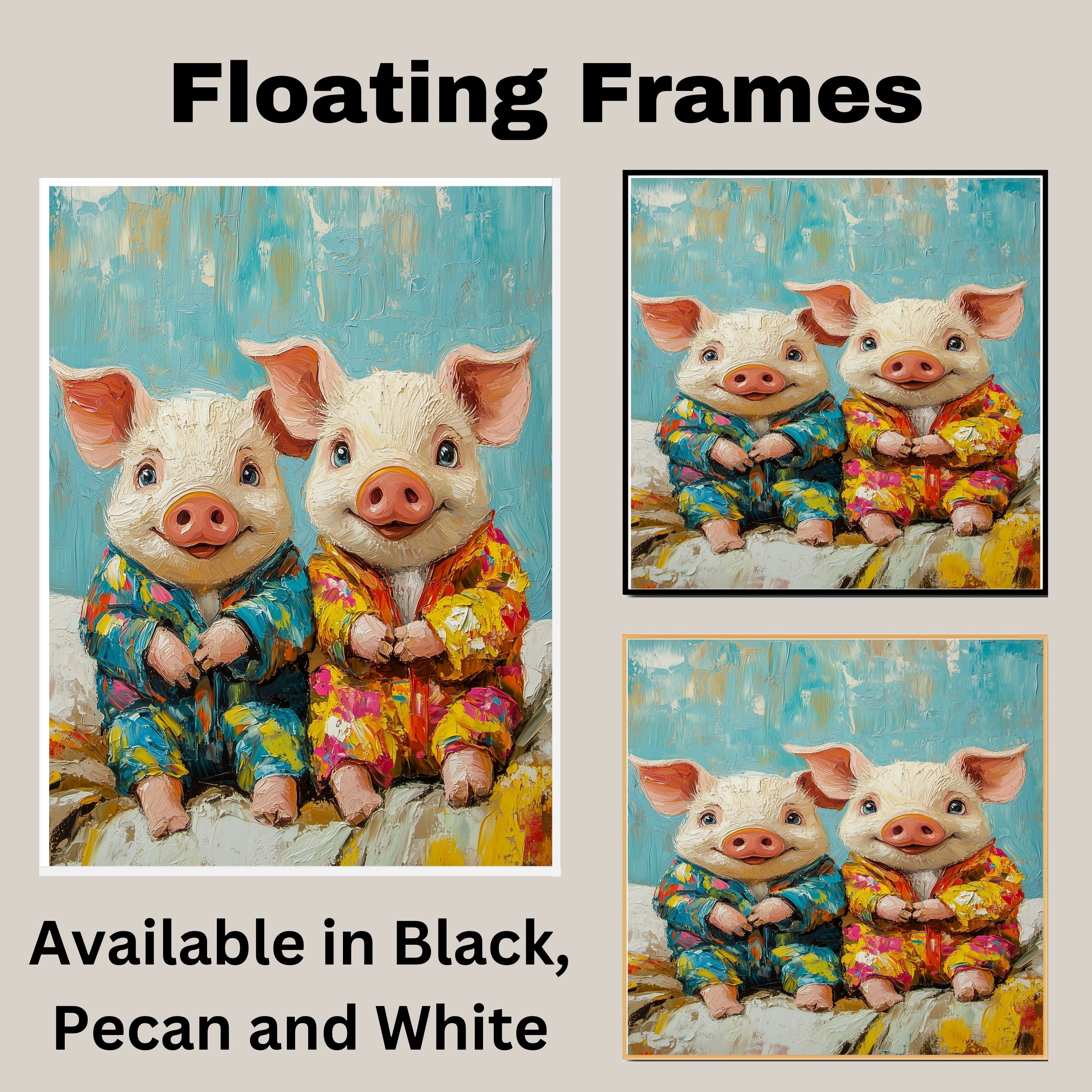 Joyful Painting of Two Cute Piglets in Bright Floral Pajamas Sitting Happily with Playful Expressions in a Textured Whimsical Style on Ready to Hang 1.5" Thick Canvas Wrap, Floating Framed Canvas, Flat Rolled Canvas