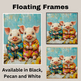 Joyful Painting of Two Cute Piglets in Bright Floral Pajamas Sitting Happily with Playful Expressions in a Textured Whimsical Style on Ready to Hang 1.5" Thick Canvas Wrap, Floating Framed Canvas, Flat Rolled Canvas