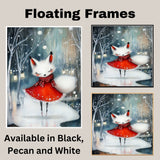 Whimsical Christmas White Fox Ice Skating in Red Dress Winter Forest Canvas on Ready to Hang 1.5" Thick Canvas Wrap, Floating Framed Canvas, Flat Rolled Canvas