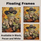Harvest Charm: Whimsical Green Frog Mother and Daughters in Victorian Fall Attire on Ready to Hang 1.5" Thick Canvas Wrap, Floating Framed Canvas, Flat Rolled Canvas