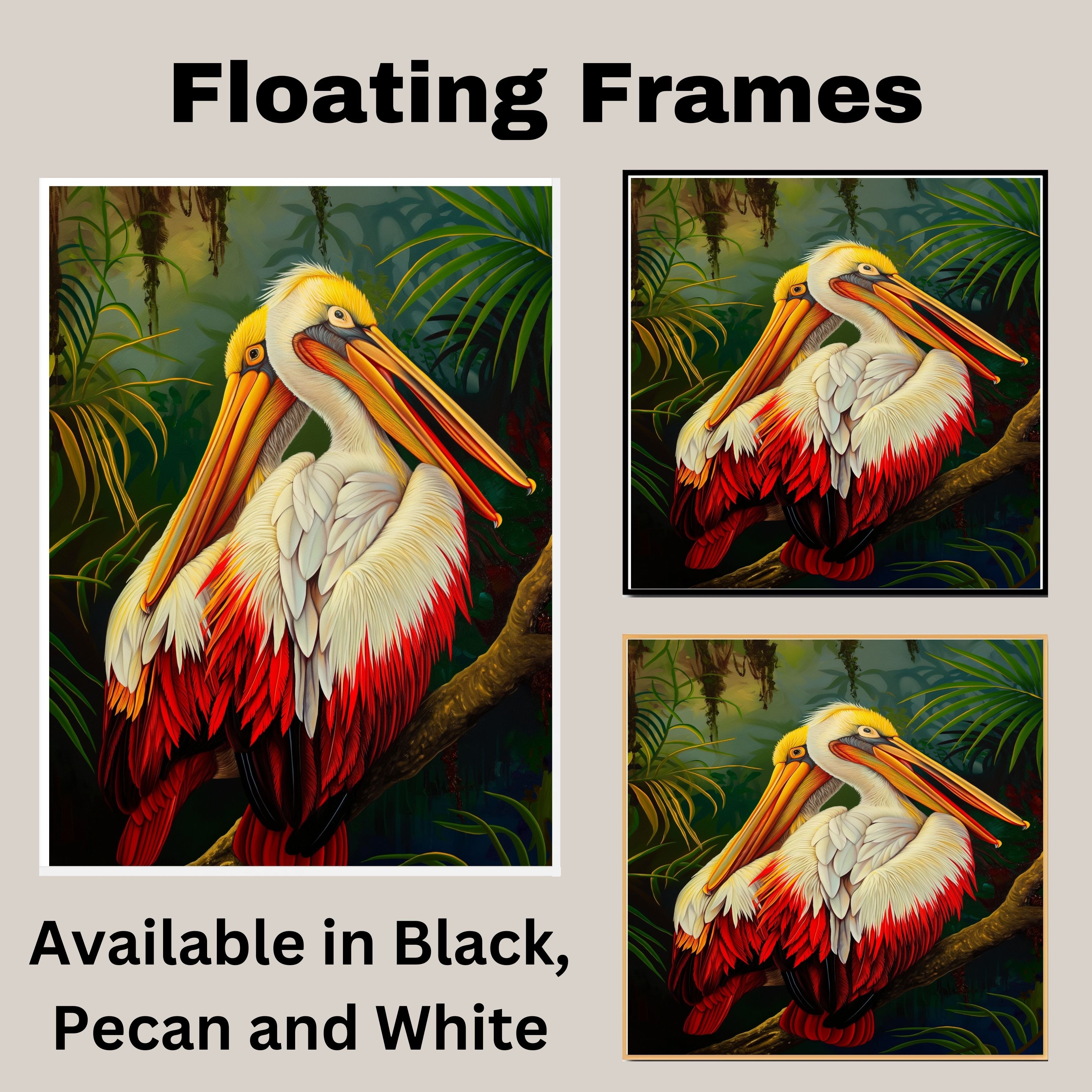Pair of White and Red Pelicans with Golden Beaks Resting on a Jungle Branch Surrounded by Lush Tropical Foliage in a Vibrant Rainforest Setting on Ready to Hang 1.5" Thick Canvas Wrap, Floating Framed Canvas, Flat Rolled Canvas