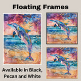 Watercolor Painting of Dolphin Leaping from Ocean with Color Splash Sky and Abstract Cosmic Sunset in Vivid Pink Blue and Gold Tones on Ready to Hang 1.5" Thick Canvas Wrap, Floating Framed Canvas, Flat Rolled Canvas
