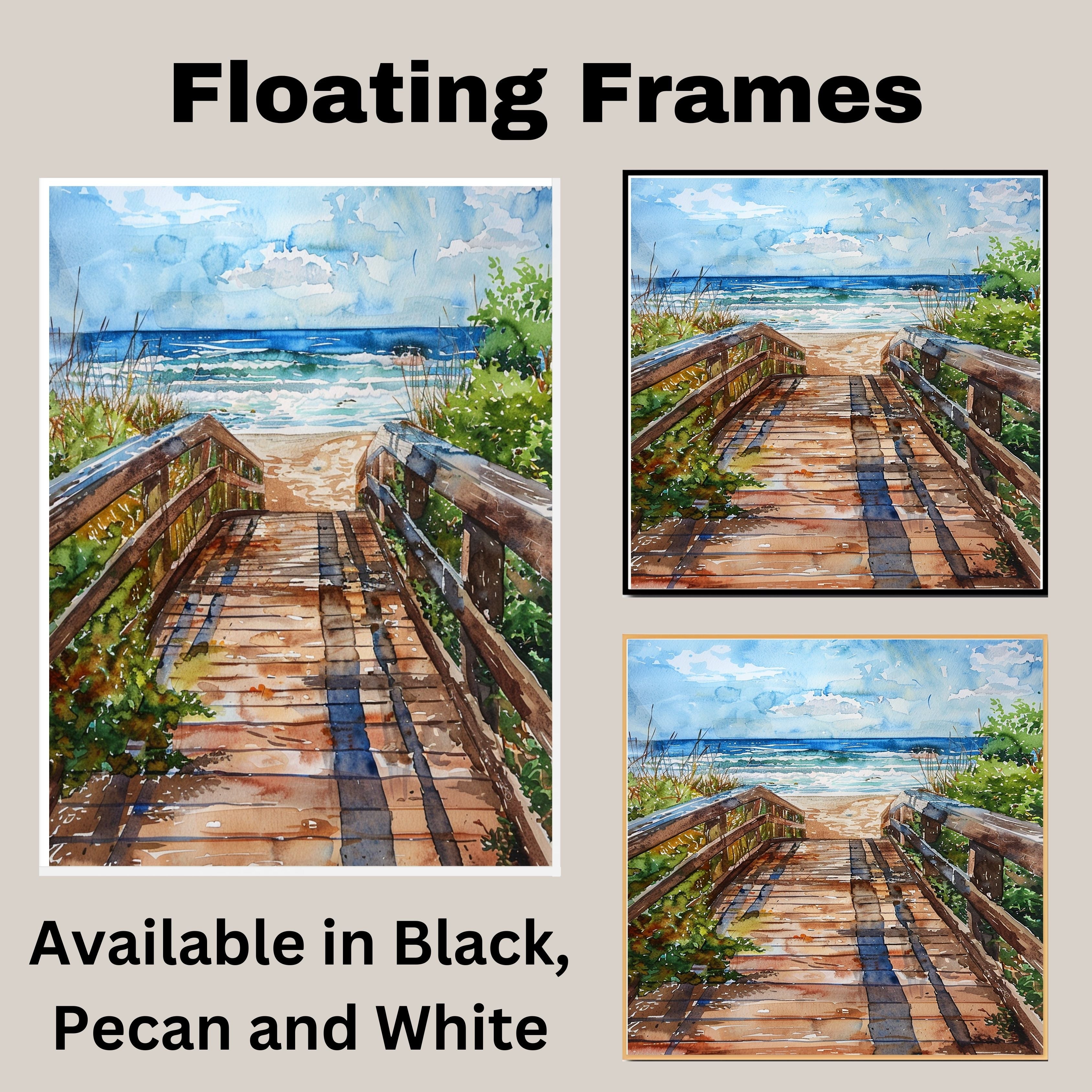 Coastal Boardwalk to Beach Watercolor Painting – Ocean Pathway Scene with Dunes, Waves, and Sky on Ready to Hang 1.5" Thick Canvas Wrap, Floating Framed Canvas, Flat Rolled Canvas