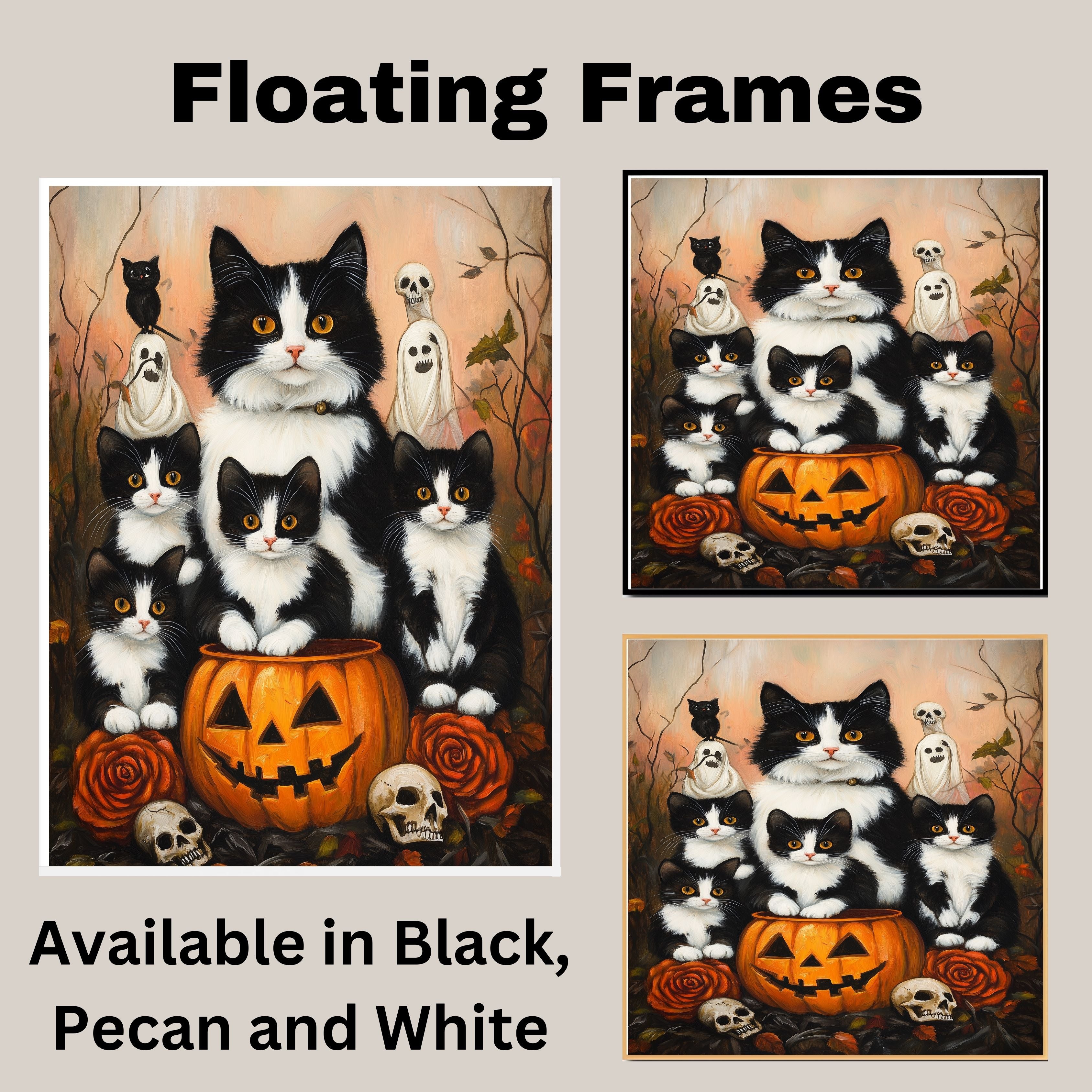 Haunting Whispers: Tuxedo Cat Mom and Four Kittens in a Spooky Forest on Ready to Hang 1.5" Thick Canvas Wrap, Floating Framed Canvas, Flat Rolled Canvas