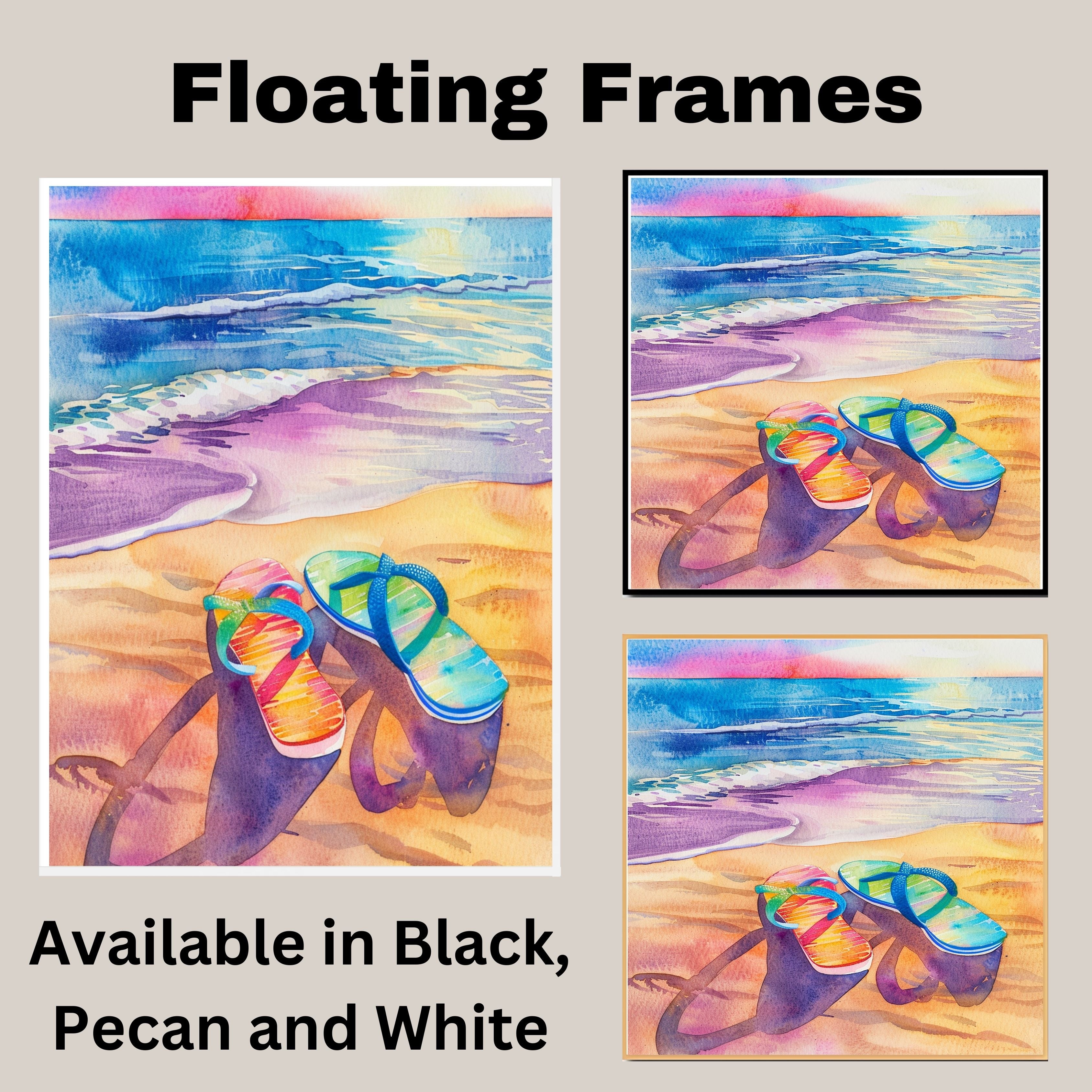 Colorful Flip-Flops on Sandy Beach Watercolor Painting with Ocean Waves and Sunset Sky in Vibrant Summer Style on Ready to Hang 1.5" Thick Canvas Wrap, Floating Framed Canvas, Flat Rolled Canvas