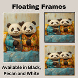 Whimsical Painting of Two Cute Panda Bears in Colorful Pajamas Holding Mugs with Cozy Expressions in a Textured Artistic Style on Ready to Hang 1.5" Thick Canvas Wrap, Floating Framed Canvas, Flat Rolled Canvas