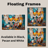Whimsical Painting of Two Cute Foxes with Big Eyes in Colorful Pajamas Sitting Side by Side Against a Bold Abstract Background in Teal and Orange on Ready to Hang 1.5" Thick Canvas Wrap, Floating Framed Canvas, Flat Rolled Canvas