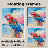 Vibrant Red Macaw Watercolor Painting with Colorful Feathers and Ocean Background on Ready to Hang 1.5" Thick Canvas Wrap, Floating Framed Canvas, Flat Rolled Canvas