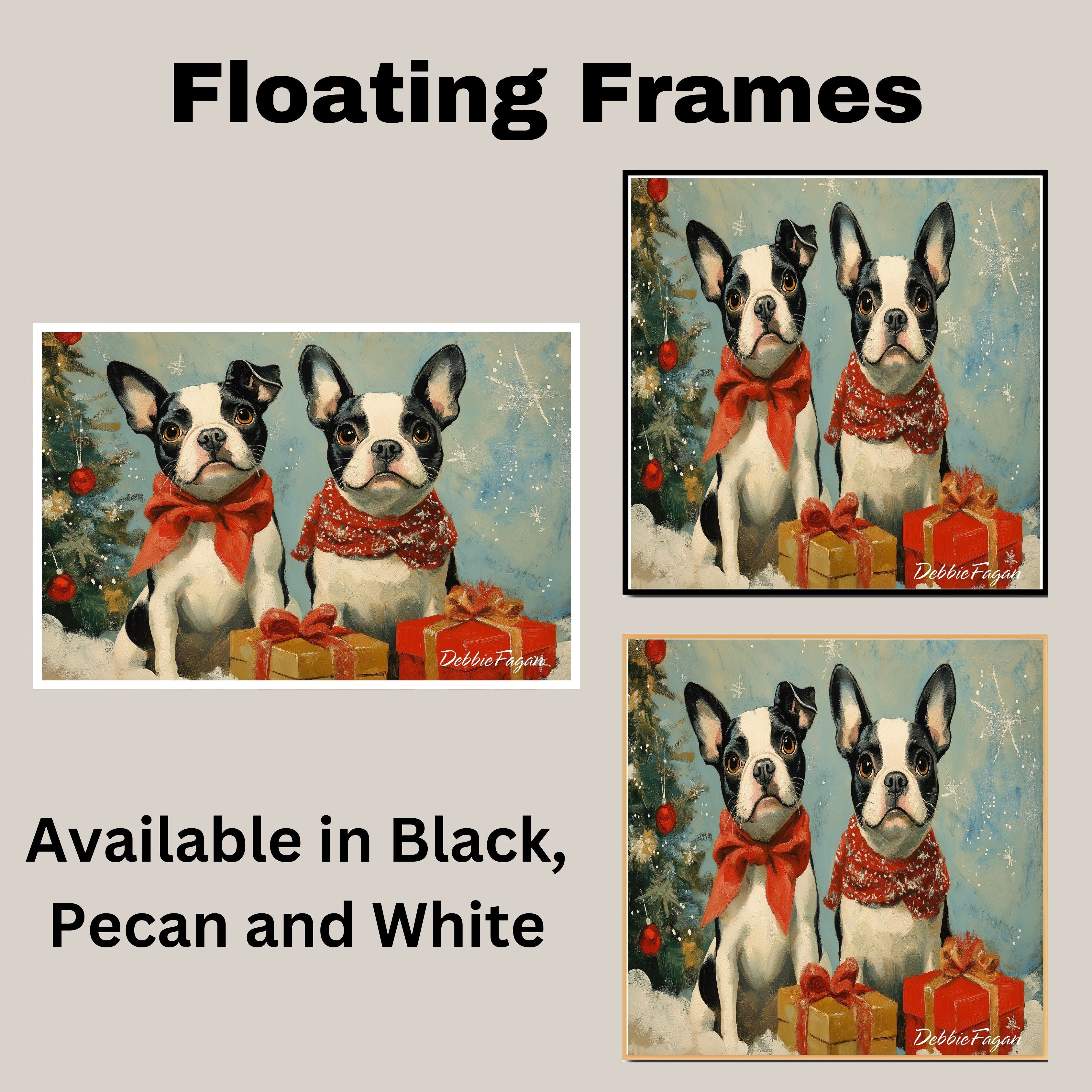 "Winter Whimsy" - French Bulldogs in Cozy Scarves Amidst a Snowy Wonderland with Christmas Tree and Gifts on Ready to Hang 1.5" Thick Canvas Wrap, Floating Framed Canvas, Flat Rolled Canvas