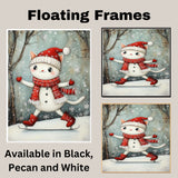 Christmas Wall Art Featuring White Cat in Snowman Outfit Ice Skating Adorable and Whimsical Holiday Print for Cat Lovers and Cozy Winter Home Décor on Ready to Hang 1.5" Thick Canvas Wrap, Floating Framed Canvas, Flat Rolled Canvas