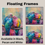 Colorful Love Birds Art in Bold Pink Blue Green and Yellow Tones Perched Together on Branch in Expressive Brushstroke Style for Bright Romantic Spaces on Ready to Hang 1.5" Thick Canvas Wrap, Floating Framed Canvas, Flat Rolled Canvas