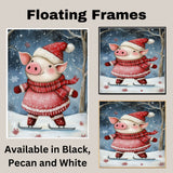 Whimsical Christmas Pig Ice Skating in Red Snowflake Dress and Scarf – Cute Holiday Animal Wall Art, Festive Nursery Decor or Winter Gift on Ready to Hang 1.5" Thick Canvas Wrap, Floating Framed Canvas, Flat Rolled Canvas