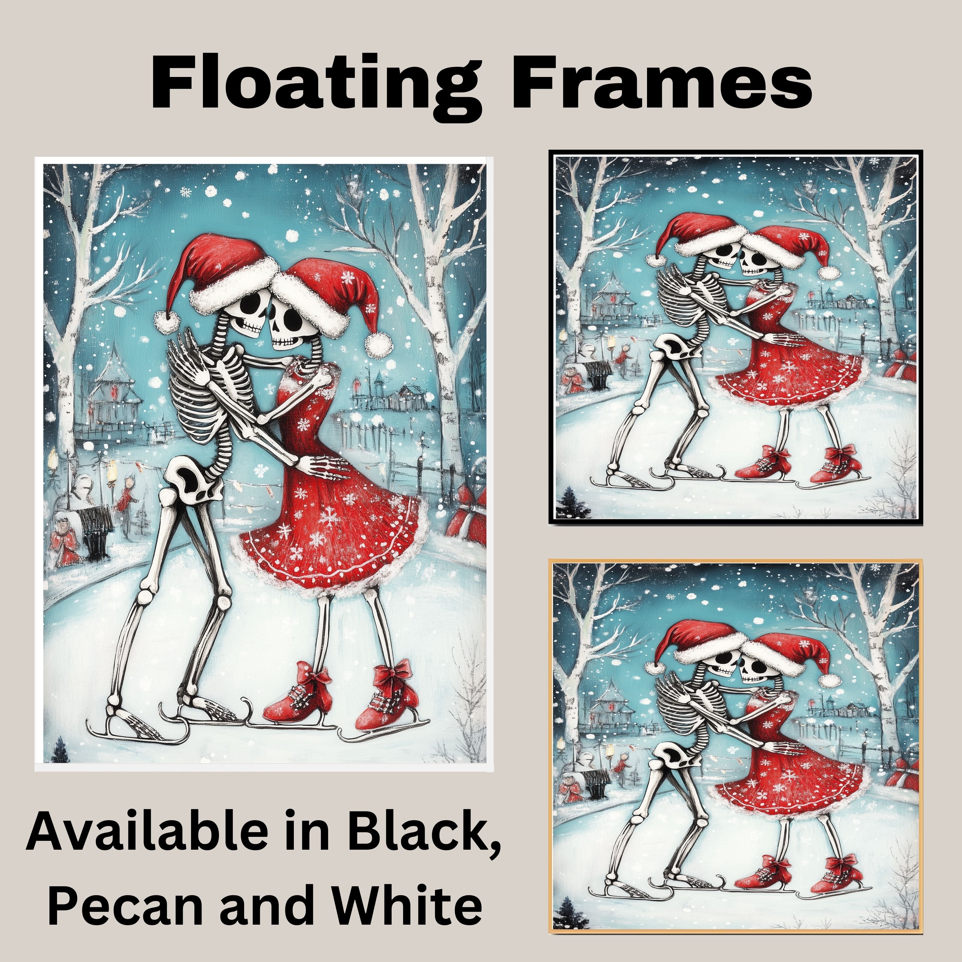 Whimsical Skeleton Couple Ice Skating Christmas Art – Gothic Holiday Romance Wall Print, Festive Skeleton Love in Red Santa Hats, Spooky Cute Winter Decor on Ready to Hang 1.5" Thick Canvas Wrap, Floating Framed Canvas, Flat Rolled Canvas