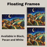 Whimsical Christmas Night with Rolling Hills, Glowing Homes, and Decorated Trees Under a Starry Sky in Folk Art on Ready to Hang 1.5" Thick Canvas Wrap, Floating Framed Canvas, Flat Rolled Canvas