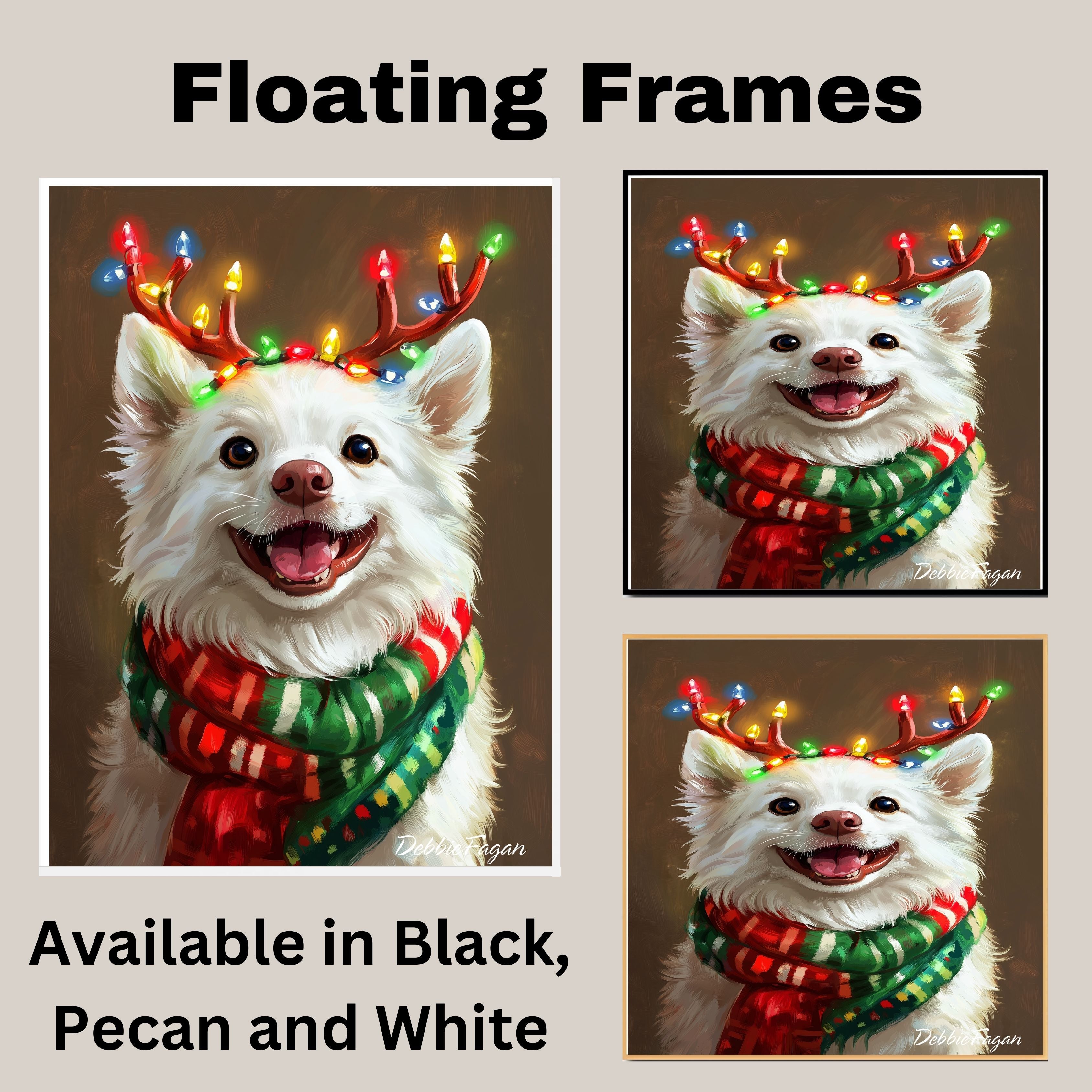 Frosty Festivities' - American Eskimo Dog with Twinkling Antlers & Cozy Scarf on Rustic Background, Ready to Hang 1.5" Thick Canvas Wrap, Floating Framed Canvas, Flat Rolled Canvas